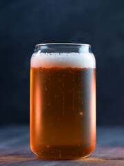 Creative Fashion Beer Glass in the shape of a can. Light beer lager on a dark table