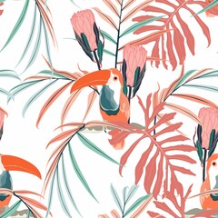 Cotton fabric Toucans, coral protea flowers, palm leaves, white background. Floral seamless pattern. Tropical illustration. Exotic plants, birds. Summer beach design. Orange color backdrop.
