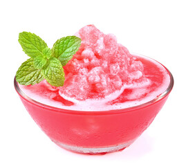Close up red watermelon smoothie in glass bowl with peppermint leaf  isolated .