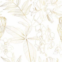 Luxury gold background. Floral pattern, many kind of Golden plant with, line arts illustration.