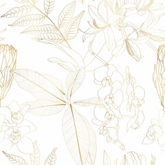 Luxury gold background. Floral pattern, many kind of Golden plant with, line arts illustration.