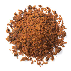 small pile of brown sugar, isolated on white background, top view