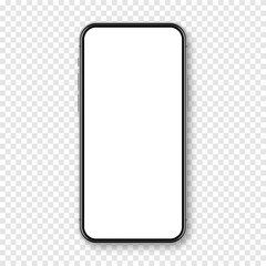 Realistic smartphone with blank touch screen on checkered background. Frameless mobile phone in front view. High quality detailed device mockup. Vector illustration.