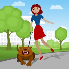 Happy young woman walking with her angry dog in the park. Vector illustration.