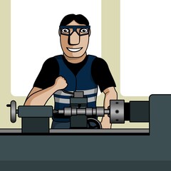 The Industry worker wearing safety uniform, grinds a part on a lathe. Vector illustration.