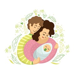 Married couple of a man and a woman with a newborn baby surrounded by leaf pattern in cartoon-style. Vector illustration
