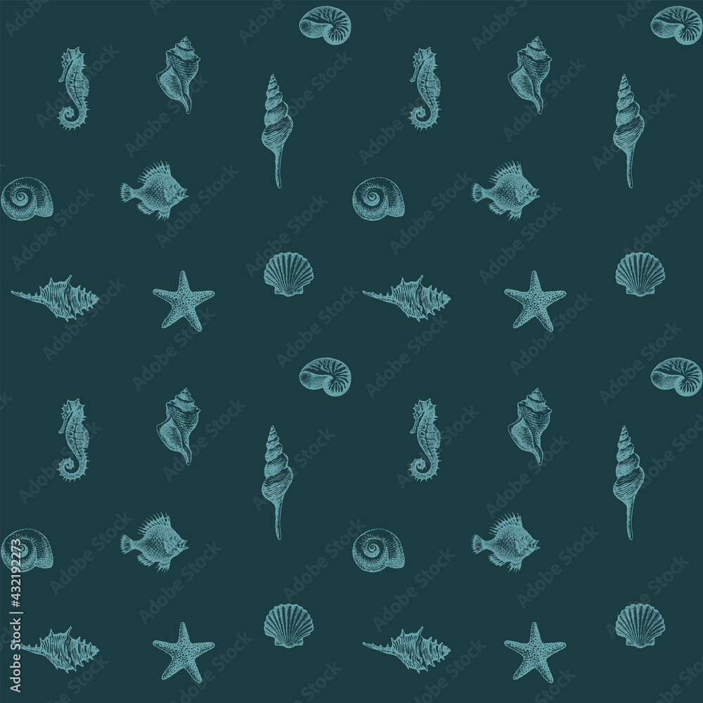 Poster seamless pattern with hand-drawn seashells, starfish and seahorses on a dark blue backdrop. beautifu