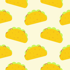 Fototapeta premium taco flat design seamless pattern. Vector illustration of art. Vintage background. Kitchen and restaurant design for fabrics, paper. Traditional Mexican food background. Tomato and fresh meat.