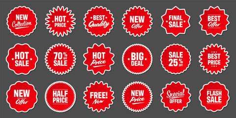Realistic red price tags collection. Special offer or shopping discount label. Retail paper sticker. Promotional sale badge. Vector illustration.