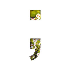 Spring sunny font. Punctuation marks dot and comma cut out of paper on the background of blooming...