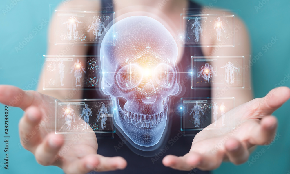 Poster Woman using digital x-ray skull holographic scan projection 3D rendering