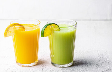 Two glasses of orange, kiwi and avocado smoothies, garnished with lemon wedges on a white table. Selective Focus. Front view