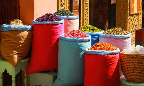 View on colorful sacks with oriental spices and dried fruits outside shop entrance on souk market - Marrakesh, Morrocco