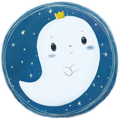 Raster illustration of a cute baby ghost with crown in a round background with stars.  Raster illustration, clipping path insluded. 
