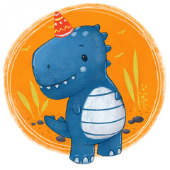 Raster illustration of a cute blue baby dinosaur with crown on a round orange background with plants. Raster illustration, clipping path insluded. 