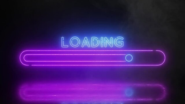 Ultraviolet glowing neon loading progress bar icon with smoke or fog effect. Bar uploading led sign with flashing light and reflection on wet floor on a black background. Abstract banner animation 4k.