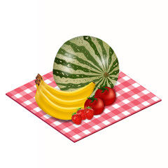 Vegetables and fruits on a striped tablecloth.White background.Isolated.Realistic.3d. Healthy breakfast. Organic food.Nature.Vector