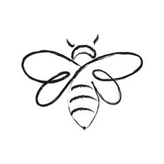 Bee icon drawn with a black brush isolated on white. Watch out for bee hives. Apiary for the production of honey. Printing on decorative pillows. 