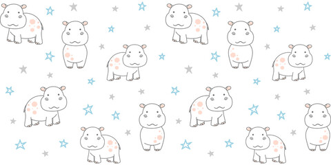 Cute little hippo on white background with blue and gray small stars. Endless texture with behemoth. Vector seamless pattern for wallpaper, cover, wrapping paper, packaging, wrapper or surface texture