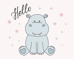 Blue little hippo, Hello hand lettering and small stars isolated on a pink. Cute hippopotamus, smiling behemoth. Vector illustration, design template for poster, greeting card and printing on apparel