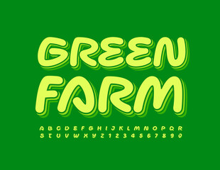 Vector eco emblem Green Farm. Layered bright Font. Creative 3D Alphabet Letters and Numbers set