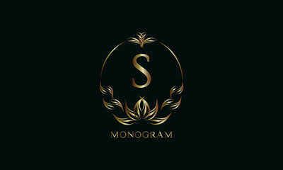Vintage gorgeous royal monogram with letter S on a dark background. Exquisite golden floral logo for business, restaurant, boutique, cafe, hotel, etc.