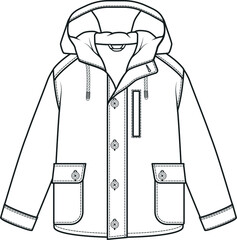 COAT, Fashion flat sketch. Technical drawing APPAREL template. WATER REPELLENT FOR KIDS. © DeepPurple