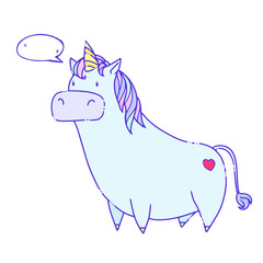 Cute hand drawn cartoon unicorn with speech bubble. Vector illustration for designing baby clothes, kid print, posters, stickers, books