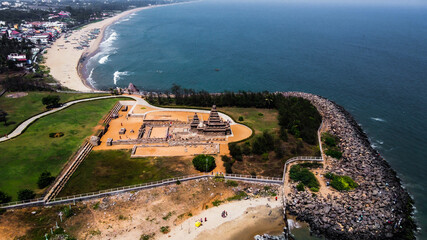 Arial view of Shore Temple of Mahabalipuram. The Shore Temple is so named because it overlooks the...