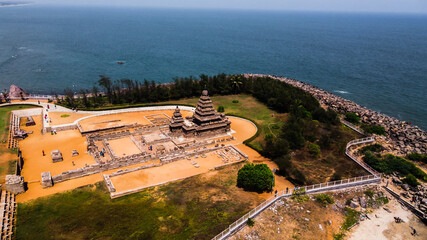 Arial view of Shore Temple of Mahabalipuram. The Shore Temple is so named because it overlooks the shore of the Bay of Bengal. It is located near Chennai in Tamil Nadu.