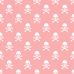 Seamless pattern with white skulls and crossbones on a pink background. Illustration for a cover, a poster or a textile design. Save with the Clipping Mask.