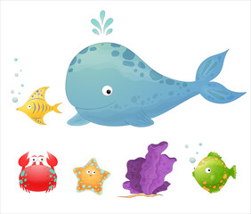 Naklejka premium Cartoon sea animals. Underwater wildlife. Cute whale, fish, crab, corals. Ocean life, marine animals set. Sea story colorful collection. Blue whale splashing water. Funny ocean animals. Marine clipart