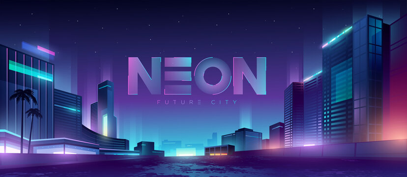 Futuristic night city. Cityscape on a dark background with bright and glowing neon purple and blue lights. Wide highway front view. Cyberpunk and retro wave style illustration
