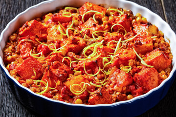 close-up of Roasted Pumpkin lentil chickpea dhal
