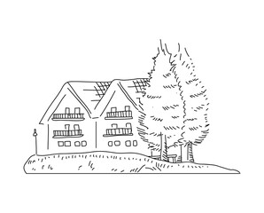Houses and land property doodle, a hand drawn vector illustration of two houses and two trees next to it, property business concept.