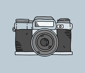 Mirrorless camera doodle, a hand drawn vector doodle drawing of a mirrorless camera, isolated on gray background.