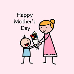 Happy mother's day, a hand drawn vector stick figures of a boy giving a bouquet of flowers to his mother as a present, isolated on pink background.