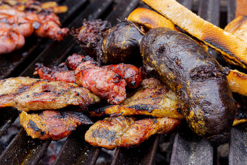 Different types of meat cooked on barbecue and toast