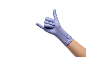 Hands in blue gloves on a white background.
