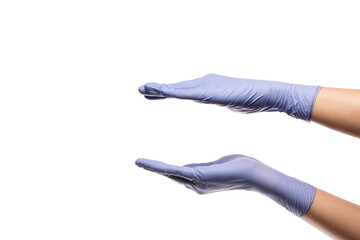 Hands in blue gloves on a white background. Shows the size of palms, you can put something in.