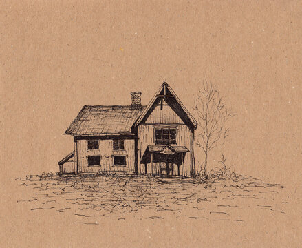 Old haunted house illustration one vintage paper. Hand drawn original artwork. Abandoned American countryside house. Halloween card, print. Grunge style ink sketch. Monochrome rural retro drawing.