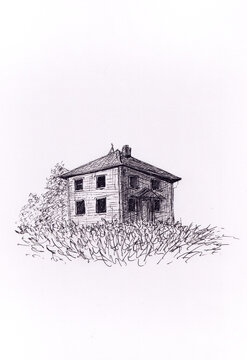 Hand drawn illustration with an old countryside house on white background. Vintage style vertical artwork. Use for post card, wall decoration, print. Old building with tree and grass in grunge style.