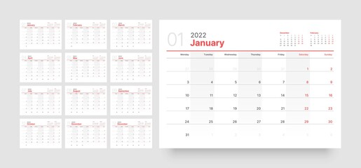 Monthly calendar for 2022 year. Week Starts on Monday.