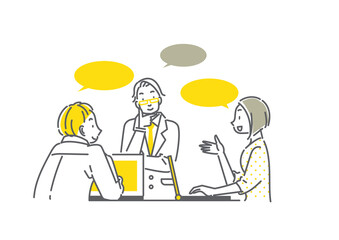 活発に議論をする若いビジネスチーム　シンプルでお洒落な線画イラスト