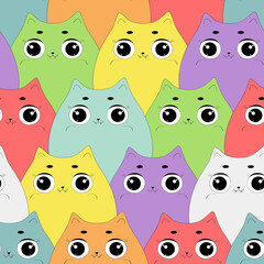 Naklejka premium Cats pattern. Cartoon cute animals print. Kawaii style cat print. Textile, fabric cats background. Funny kitten color seamless backdrop. Funny cats repeat wallpaper, animal texture. Pets illustartion