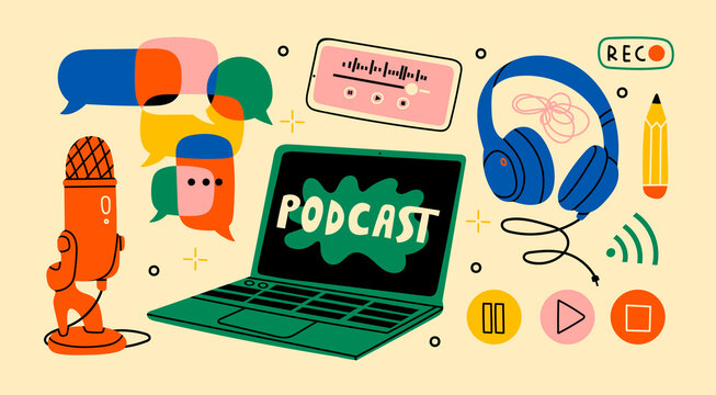 Headphones, microphone, laptop, equalizer, speech bubbles. Podcast recording and listening, broadcasting, online radio, audio streaming service Concept. Hand drawn Vector isolated illustrations