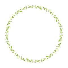 Hand drawn vector frame with green leaves and branches isolated on white background.