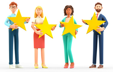 3D illustration of customer review rating concept. Multicultural people characters giving feedback with stars. Cute cartoon clients with high quality satisfaction, positive rank and support.
