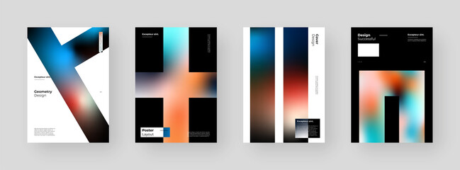Abstract set Placards, Posters, Flyers, Banner Designs. Colorful gradient on vertical A4 format. Glass effect. Decorative neumorphism backdrop. Gradient glassmorphism shapes background