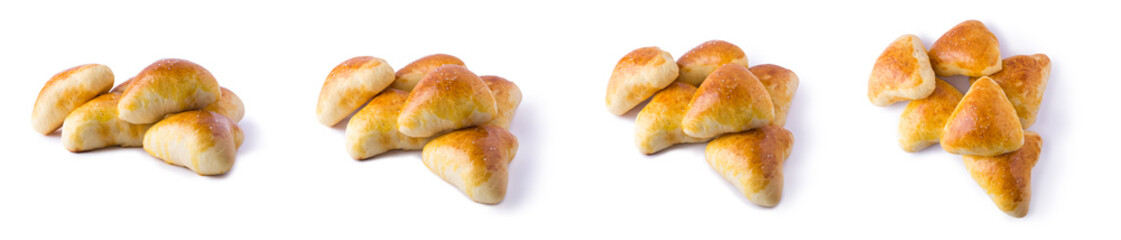 set of fresh, baked sugar buns isolated on white background, sugar sprinkled on top, shot in different angles